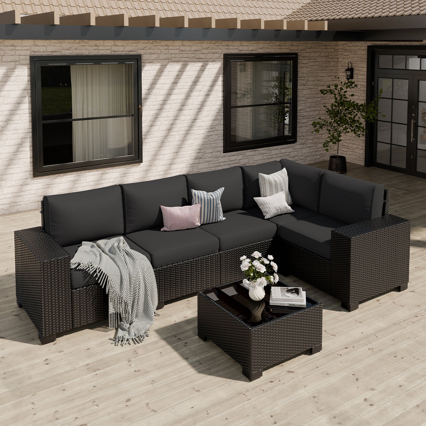 VONZOY Patio Furniture Set, Wide Armrest Outdoor Furniture Set with Thick Cushions, 6 Piece Wicker Rattan Patio Sectional Sofa for Backyard, Poolside, Garden