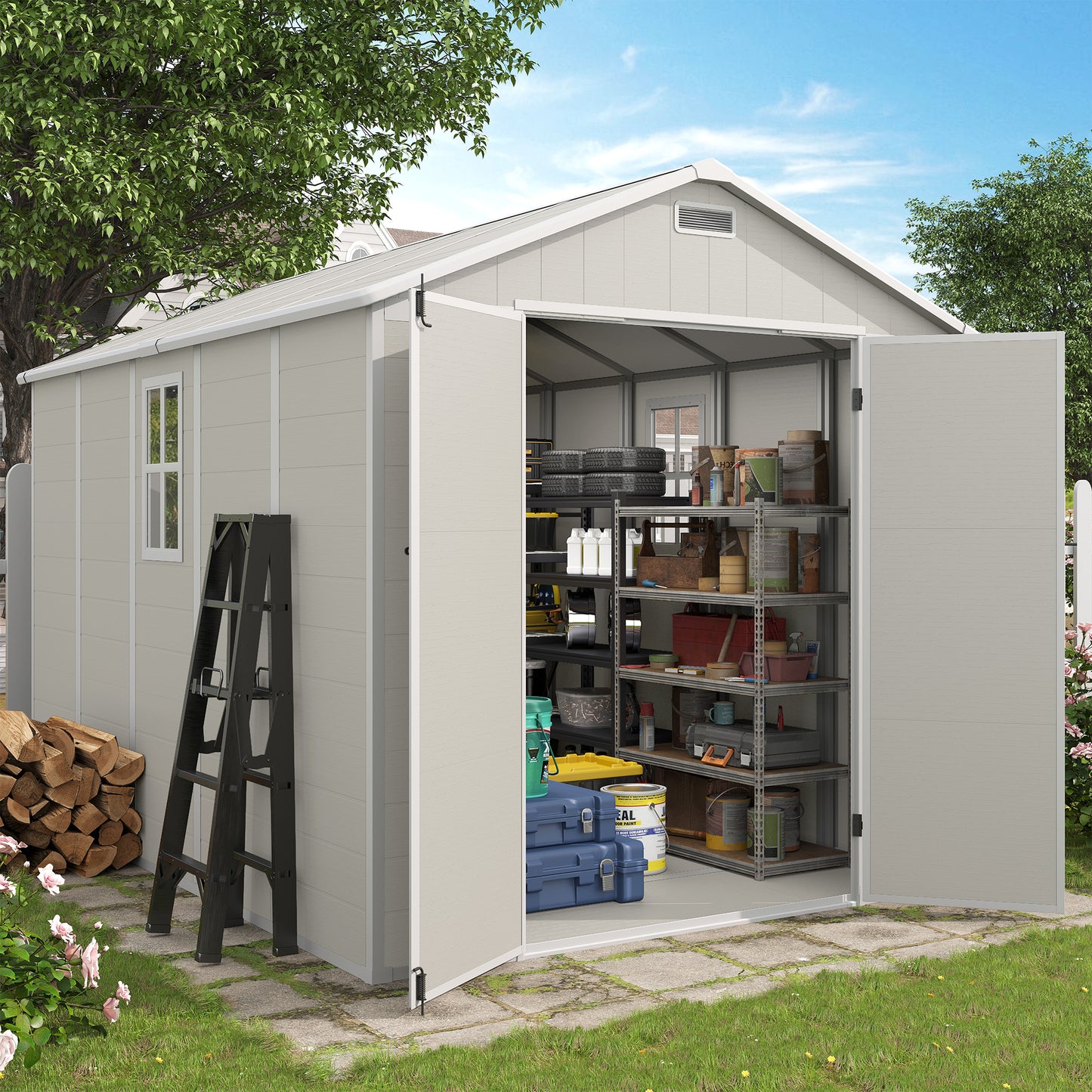 VONZOY Outdoor Storage Shed, 8x10 FT Resin Shed with Floor and Window, Lockable Door, Vents, Tool Sheds & Outdoor Storage for Bike, Tools, Garden Accessories, Waterproof
