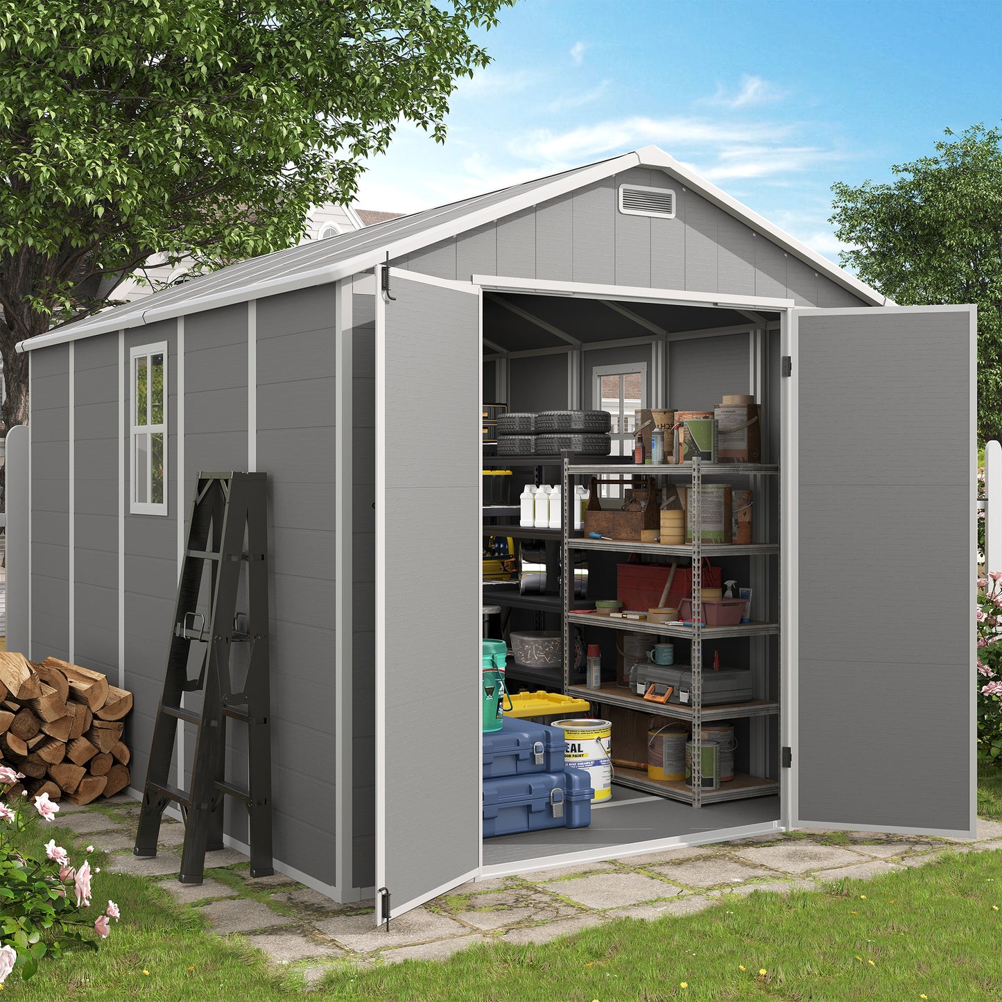 VONZOY Outdoor Storage Shed, 8x10 FT Resin Shed with Floor and Window, Lockable Door, Vents, Tool Sheds & Outdoor Storage for Bike, Tools, Garden Accessories, Waterproof
