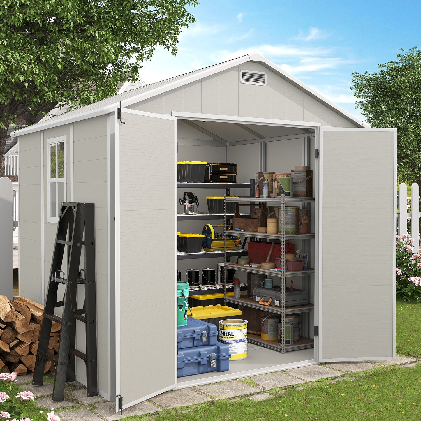 VONZOY Outdoor Storage Shed, 8x6 FT Resin Shed with Floor and Lockable Door, Window & Vents, Tool Sheds & Outdoor Storage for Bike, Garden Accessories, Tools, Waterproof
