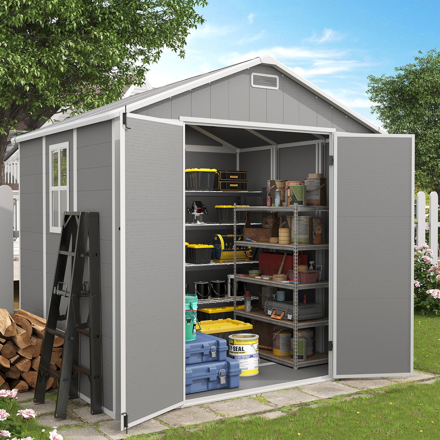 VONZOY Outdoor Storage Shed, 8x6 FT Resin Shed with Floor and Lockable Door, Window & Vents, Tool Sheds & Outdoor Storage for Bike, Garden Accessories, Tools, Waterproof