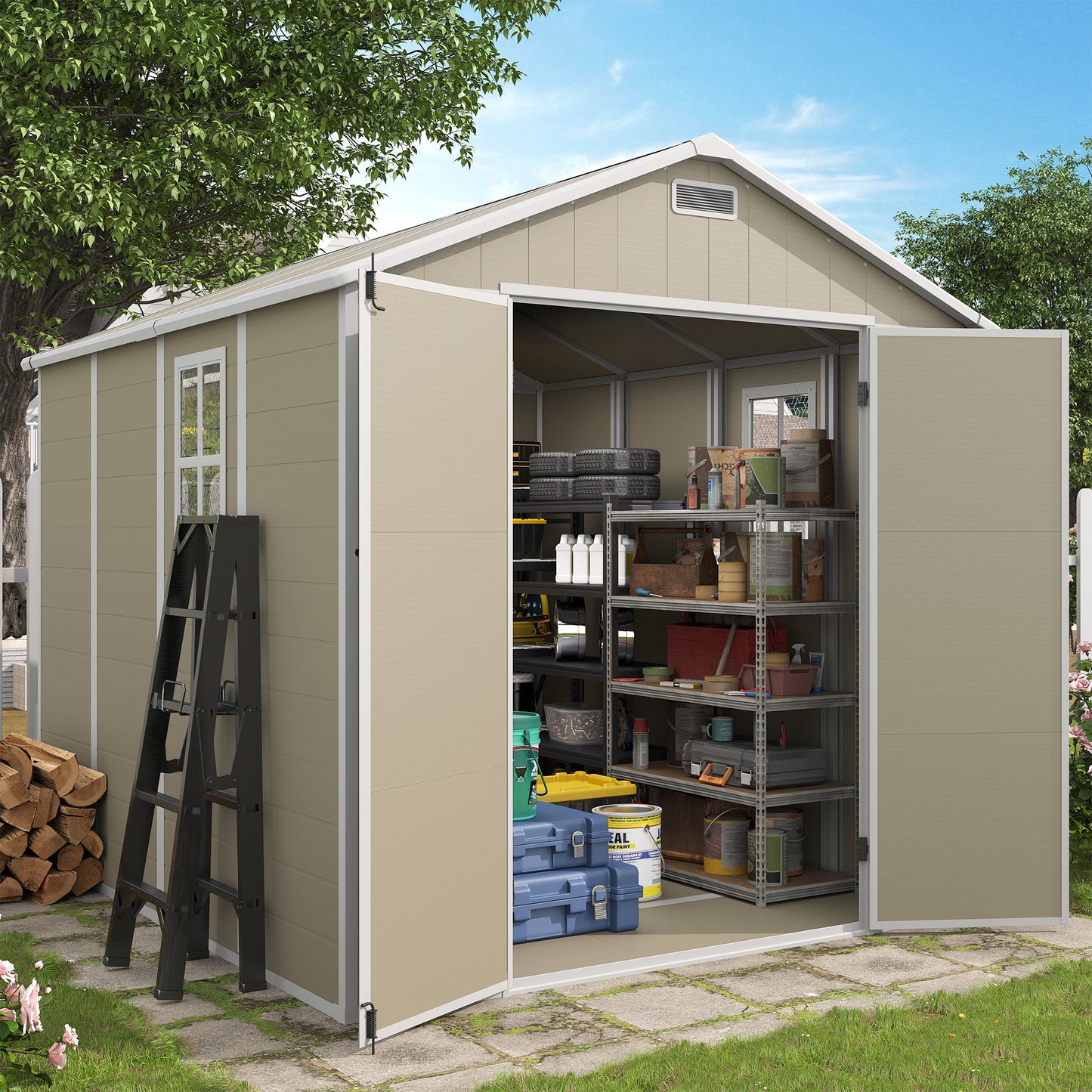 VONZOY Outdoor Storage Shed, 8x8 FT Resin Shed with Floor and Lockable Door, Window & Vents, Tool Sheds & Outdoor Storage for Bike, Garden Accessories, Tools, Waterproof