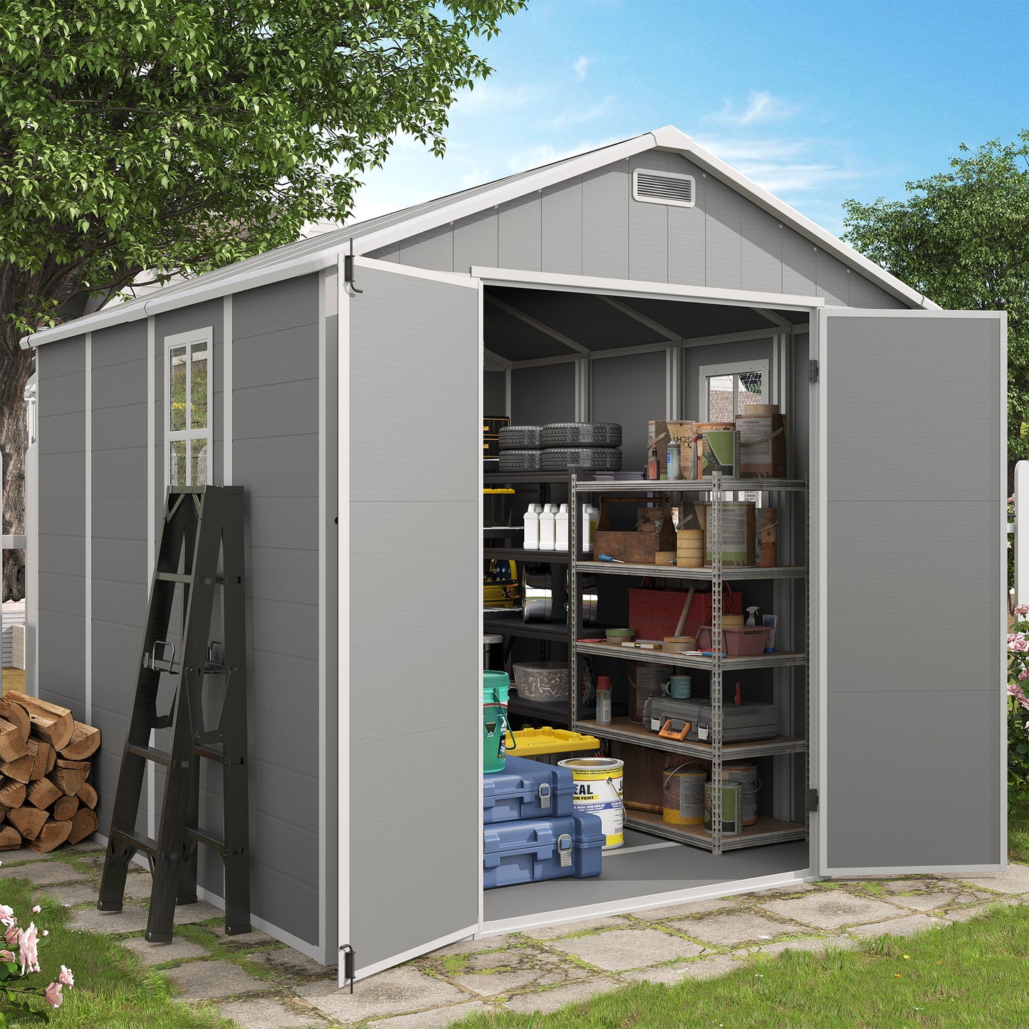 VONZOY Outdoor Storage Shed, 8x8 FT Resin Shed with Floor and Lockable Door, Window & Vents, Tool Sheds & Outdoor Storage for Bike, Garden Accessories, Tools, Waterproof
