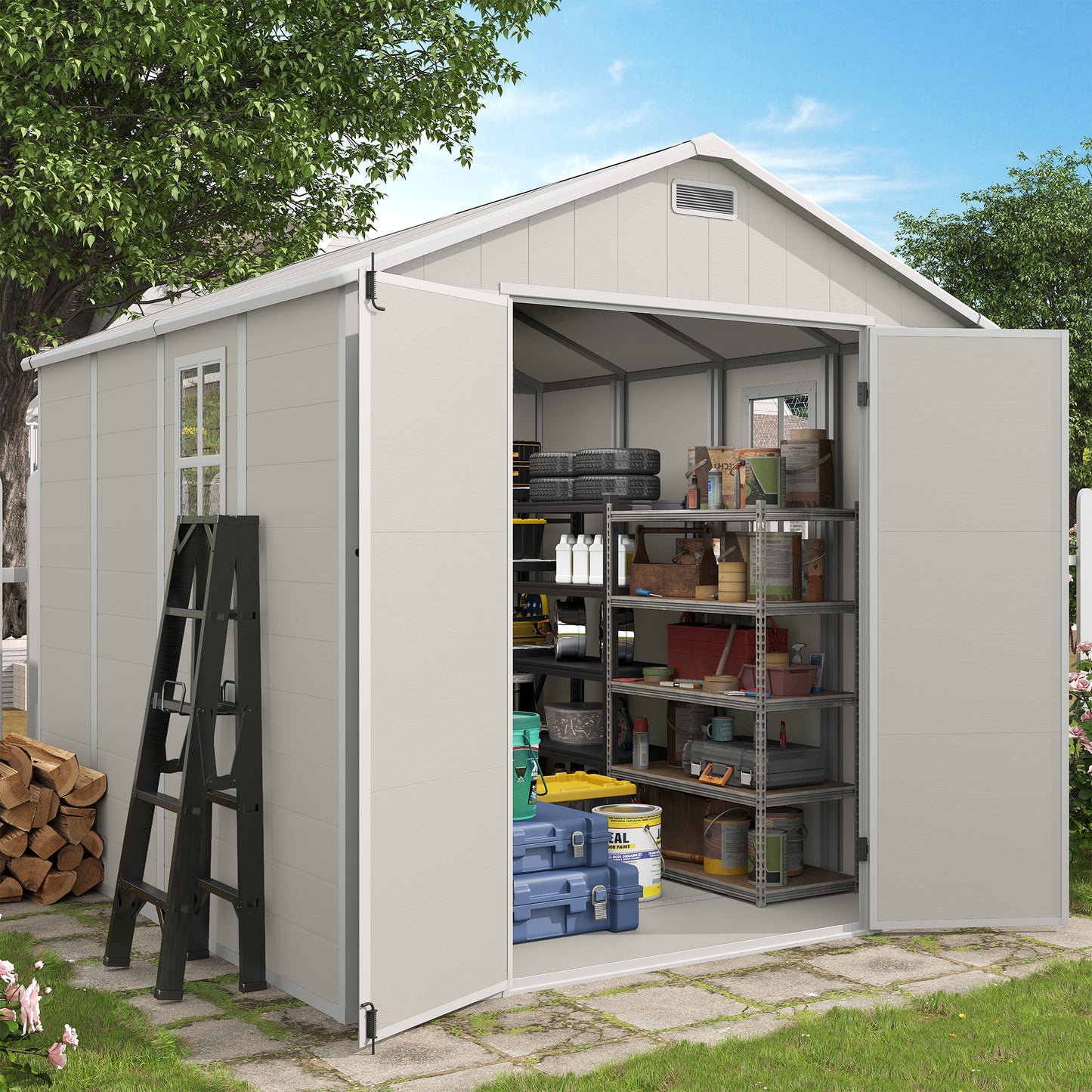 VONZOY Outdoor Storage Shed, 8x8 FT Resin Shed with Floor and Lockable Door, Window & Vents, Tool Sheds & Outdoor Storage for Bike, Garden Accessories, Tools, Waterproof