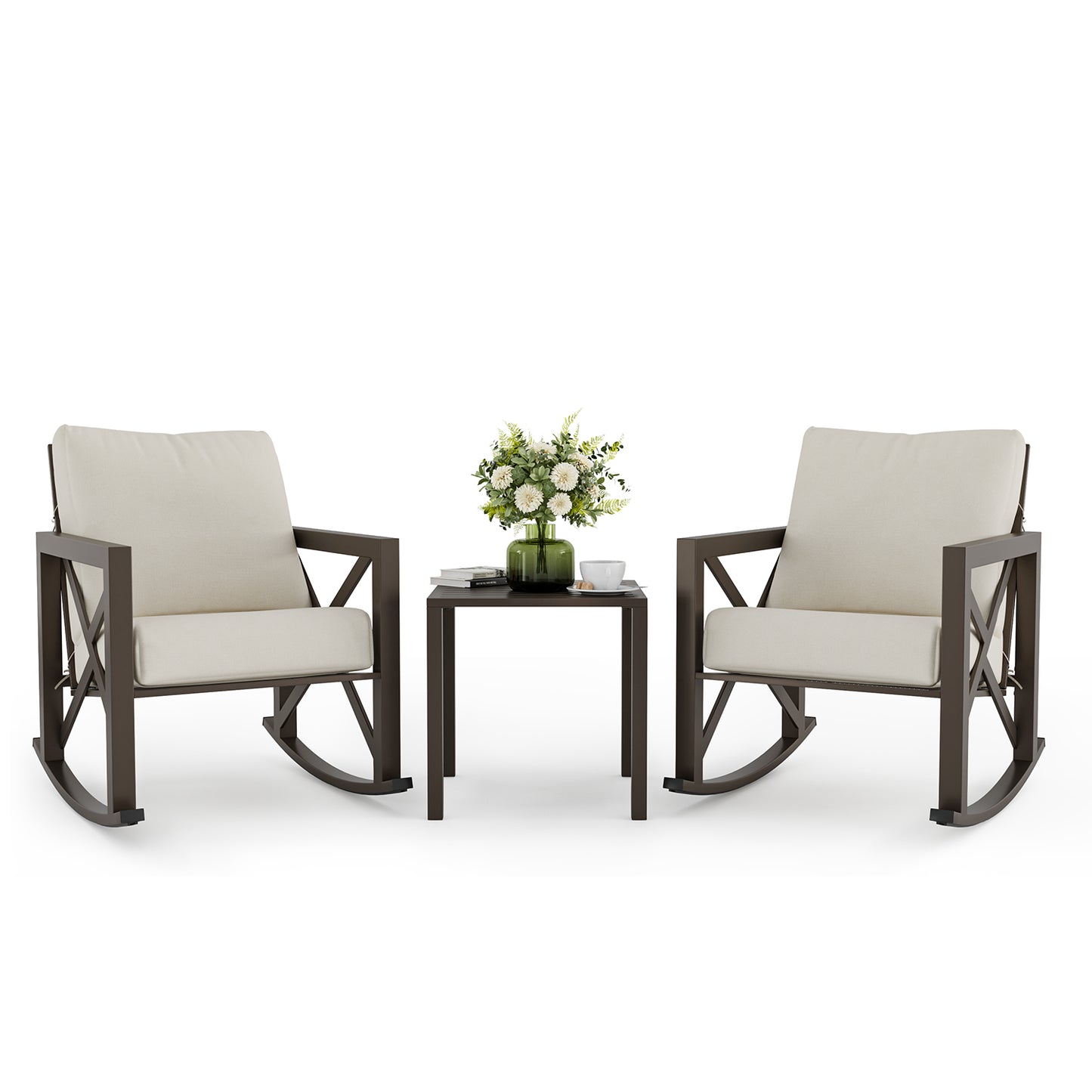 VONZOY Outdoor Rocking Bistro Set, Patio Rocking Chairs Set of 2 with Coffee Table, 3 Pieces Metal Conversation Sets with 6.5" Thick Cushions for Backyard, Porch, Poolside, Oversized (Beige)