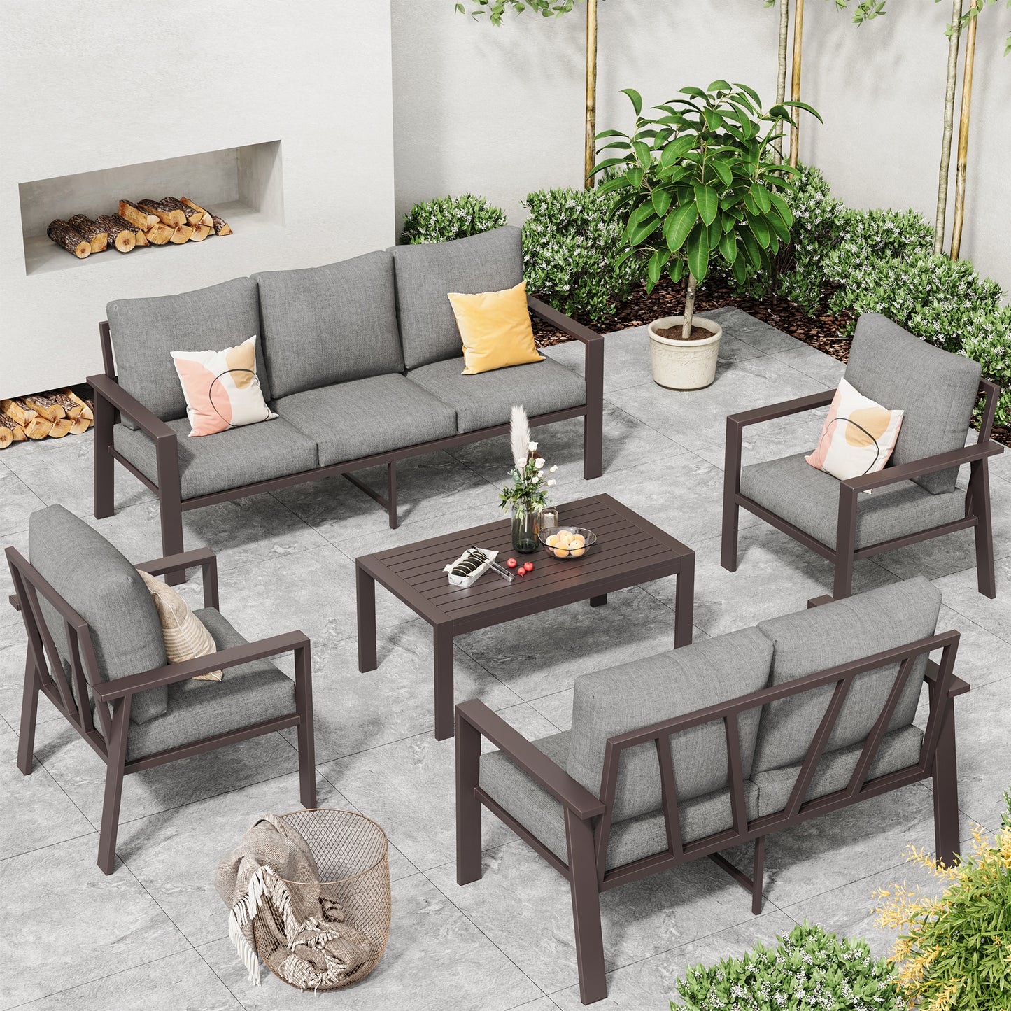 5-Piece Outdoor Furniture All-Weather Aluminum Patio Conversation Set with Coffee Table Rust-Proof Sectional Sofa Set with Removable Cushion for Deck, Backyard, Poolside & Small Spaces