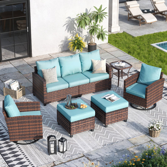 VONZOY Patio Furniture Sets, 6 Pieces Outdoor Sectional Furniture, Wicker Rattan Conversation Sofa with Rocking Chair, Ottomans, Side Table, Light Blue Cushion