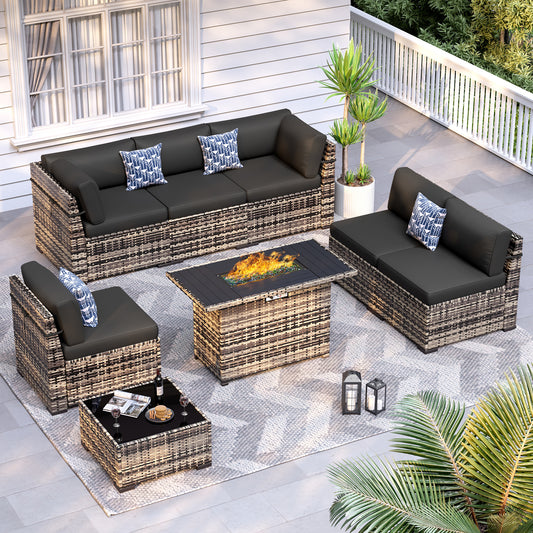 VONZOY 8-Piece Patio Furniture Set with 44” Fire Pit Table - All-Weather Wicker Conversation Sectional Sofa & Coffee Table with Thickened Cushions for Backyard, Garden(Black)