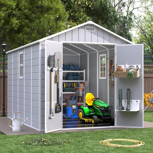 VONZOY Resin Outdoor Storage Shed with Floor, 8x10.5 FT Plastic Garden Shed with Lockable Door & Window for Bike, Garbage Can, Lawn Mower, Grey White