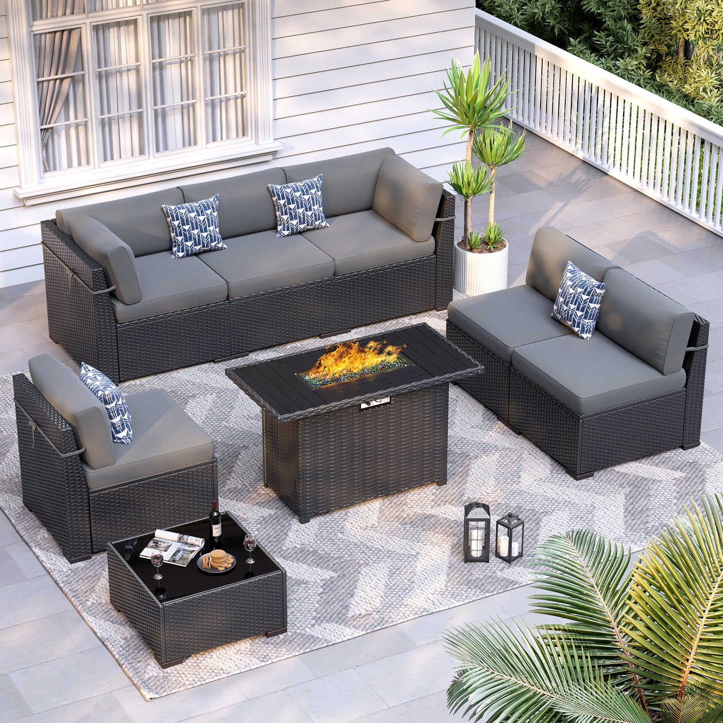 VONZOY 8-Piece Patio Furniture Set with 44” Fire Pit Table - All-Weather Wicker Conversation Sectional Sofa & Coffee Table with Thickened Cushions for Backyard, Garden(Grey)