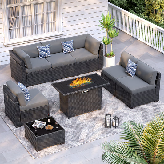 VONZOY 8-Piece Patio Furniture Set with 44” Fire Pit Table - All-Weather Wicker Conversation Sectional Sofa & Coffee Table with Thickened Cushions for Backyard, Garden(Grey)