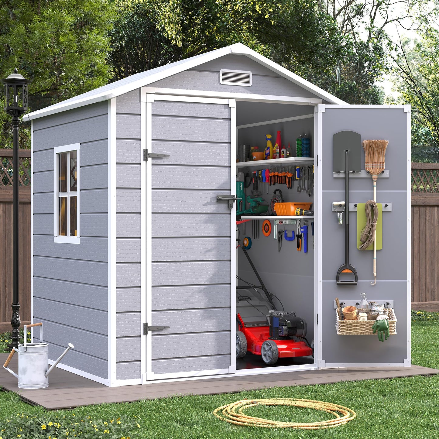 VONZOY Outdoor Storage Sheds with Floor, 6x4.5 FT Resin Garden Shed with Lockable Door, Window, Waterproof, Plastic Tool Storage for Bike, Garbage Can, Grey White