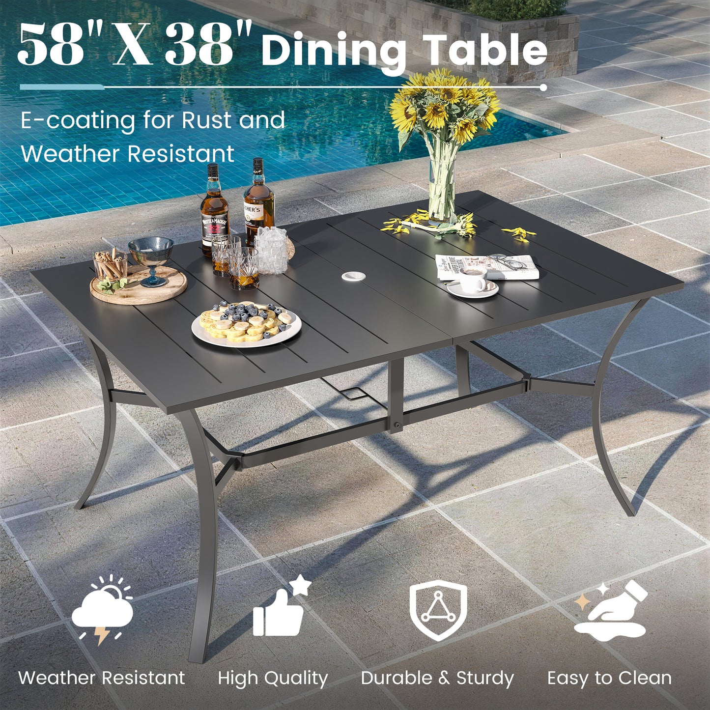 VONZOY 7 Pieces Patio Dining Set, Patio Outdoor Furniture Set of 6 Patio Swivel Dining Chairs and Patio Spliced Rectangular Tabletop with Umbrella Hole, for Deck, Backyard, Poolside & Garden