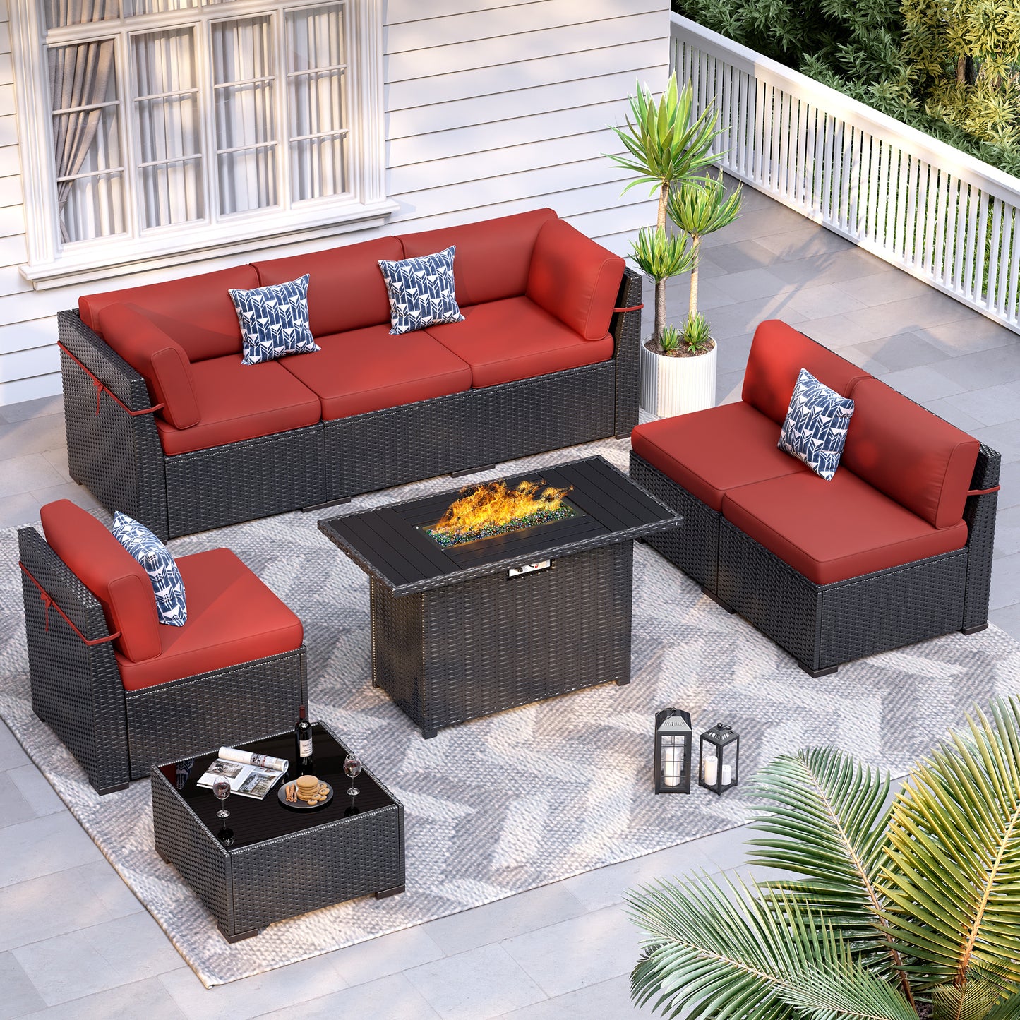 VONZOY 8-Piece Patio Furniture Set with 44” Fire Pit Table - All-Weather Wicker Conversation Sectional Sofa & Coffee Table with Thickened Cushions for Backyard, Garden(Wine)