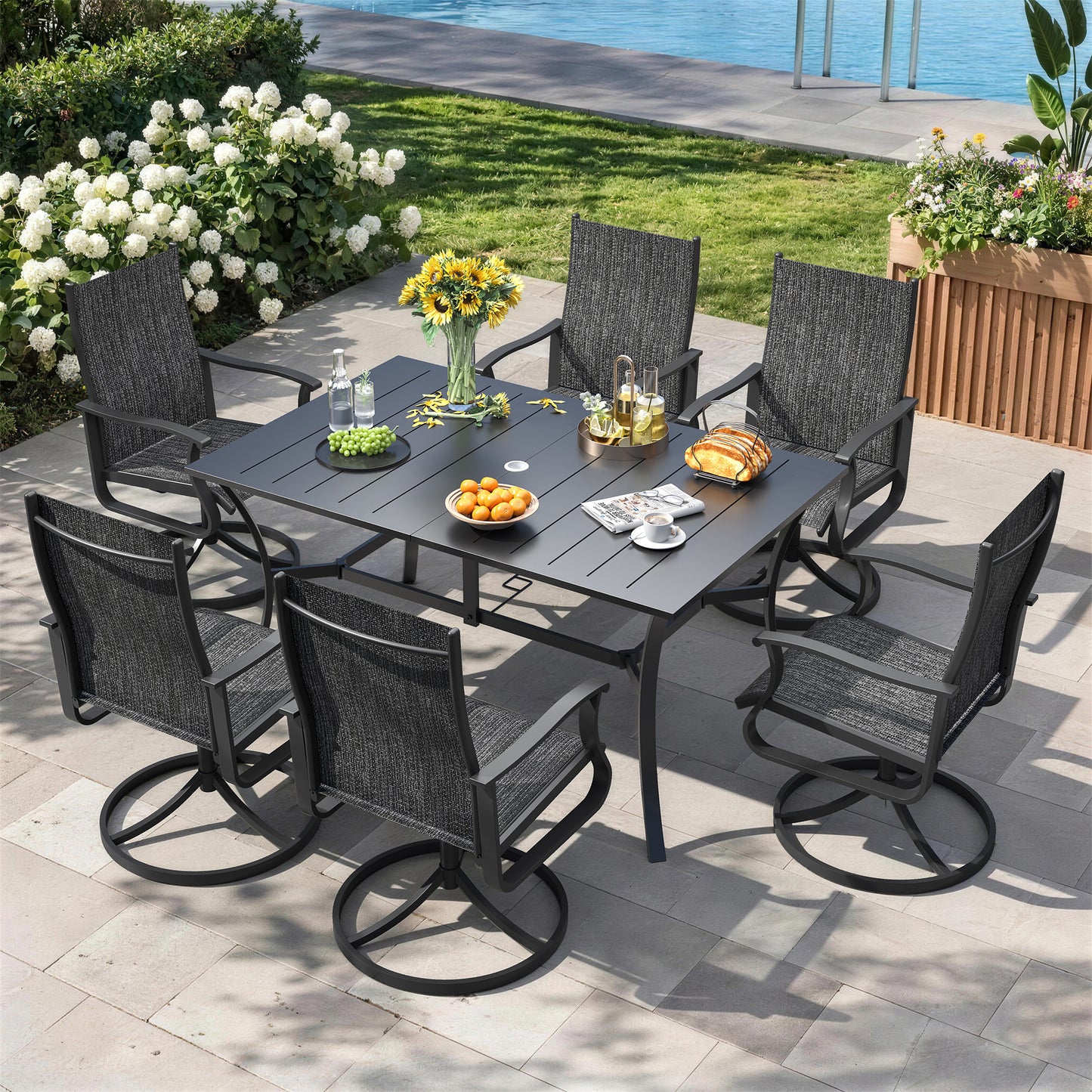 VONZOY 7 Pieces Patio Dining Set, Patio Outdoor Furniture Set of 6 Patio Swivel Dining Chairs and Patio Spliced Rectangular Tabletop with Umbrella Hole, for Deck, Backyard, Poolside & Garden