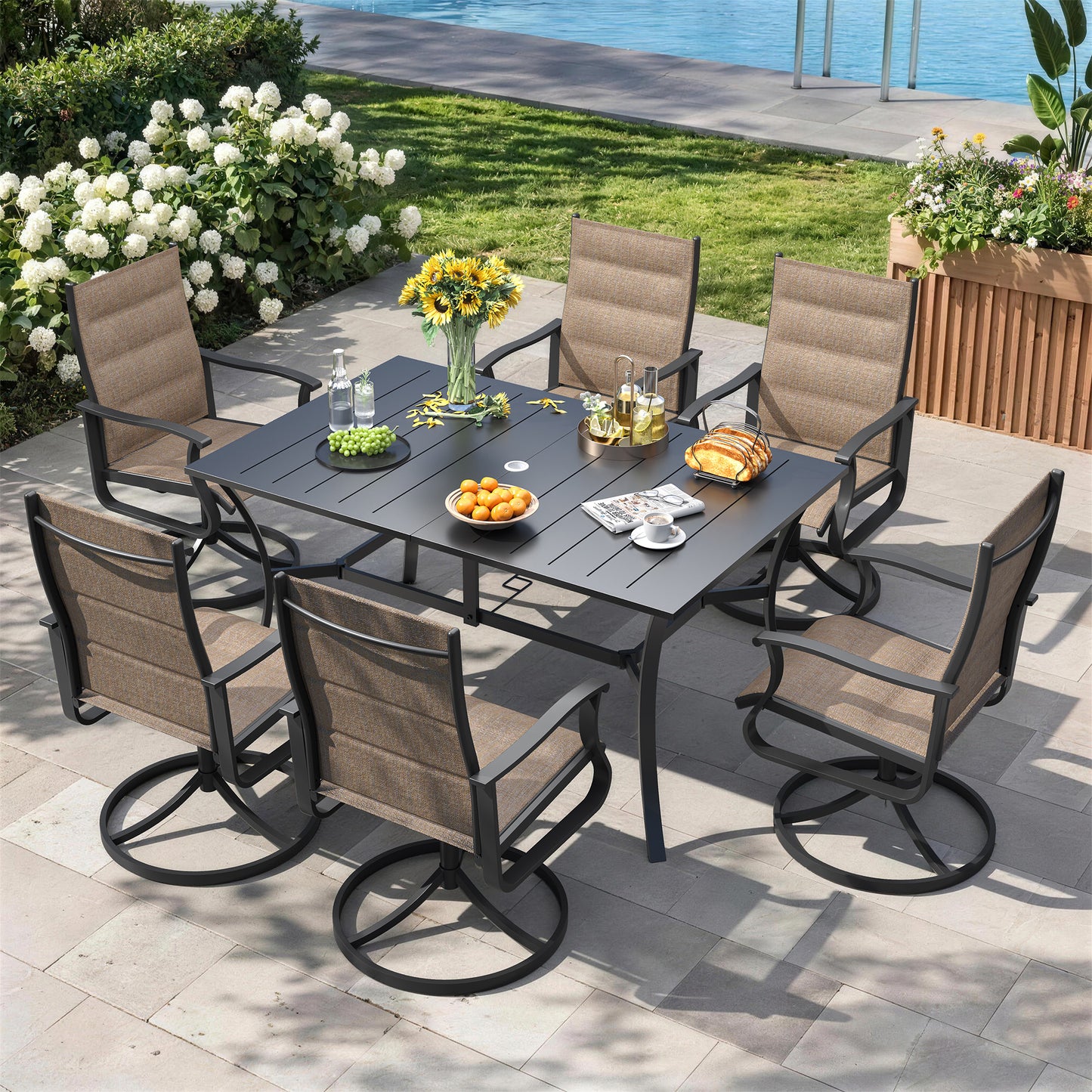 VONZOY 7 Pieces Patio Dining Set, Padded Patio Outdoor Furniture Set of 6 Patio Swivel Dining Chairs and Patio Spliced Rectangular Tabletop with Umbrella Hole, for Deck, Backyard, Poolside & Garden