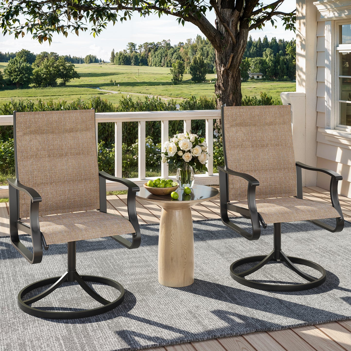 VONZOY Patio Swivel Chairs Set of 4, Outdoor Dining Chairs with High Back, 360° Swivel Rocker Chair in All-Weather Padded Textilene & Metal Frame for Garden, Porch, Backyard, Balcony(Padded Brown)