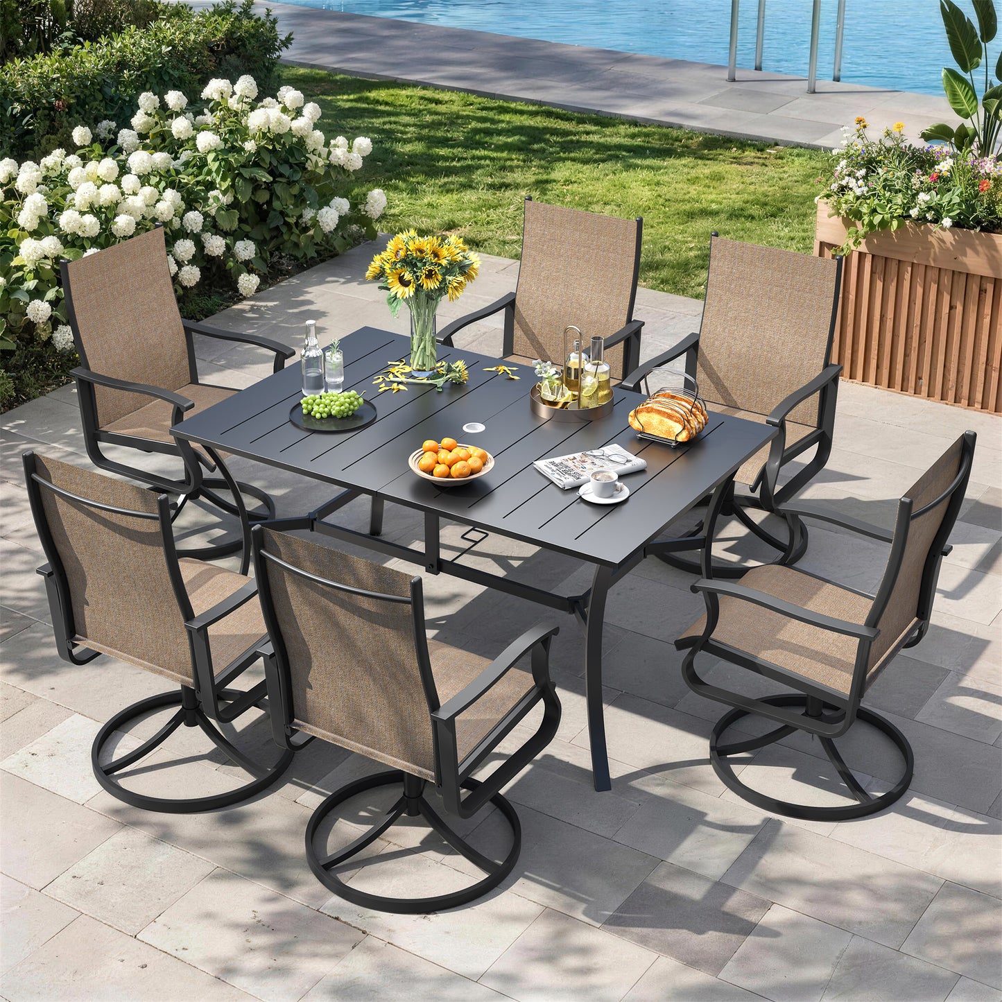 VONZOY 7 Pieces Patio Dining Set, Patio Outdoor Furniture Set of 6 Patio Swivel Dining Chairs and Patio Spliced Rectangular Tabletop with Umbrella Hole, for Deck, Backyard, Poolside & Garden