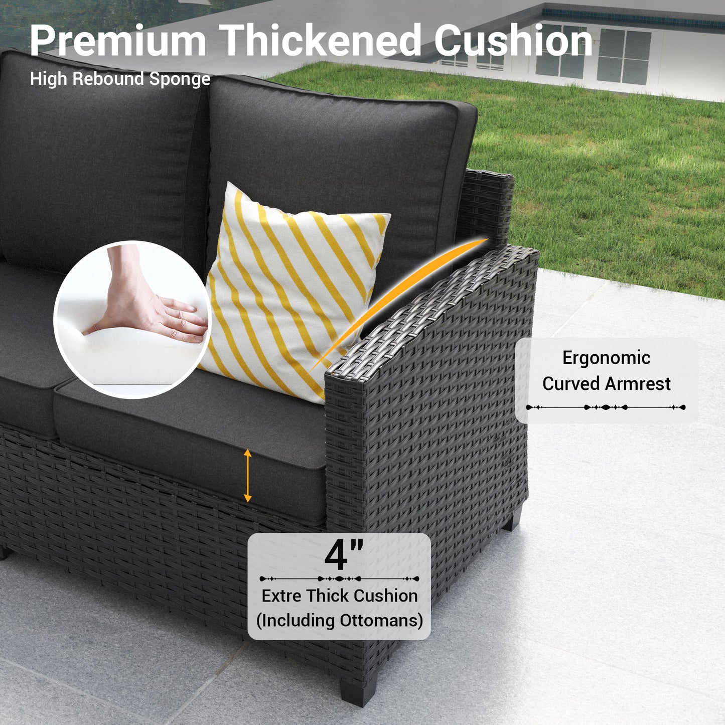 VONZOY 6 Pcs Patio Furniture Set with 44" Propane Gas Fire Pit Table, Rattan Outdoor Couch with Ottomans, 4" Thick Cushions for Backyard Garden Deck.Black