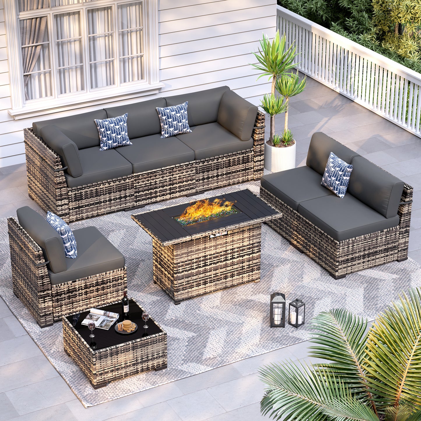 VONZOY 8-Piece Patio Furniture Set with 44” Fire Pit Table - All-Weather Wicker Conversation Sectional Sofa & Coffee Table with Thickened Cushions for Backyard, Garden(Grey)