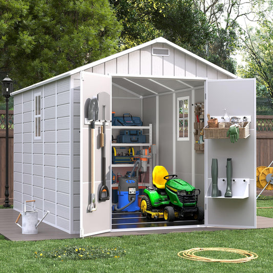 VONZOY Resin Outdoor Storage Shed with Floor, 8x10.5 FT Plastic Garden Shed with Lockable Door & Window for Bike, Garbage Can, Lawn Mower, Bedge