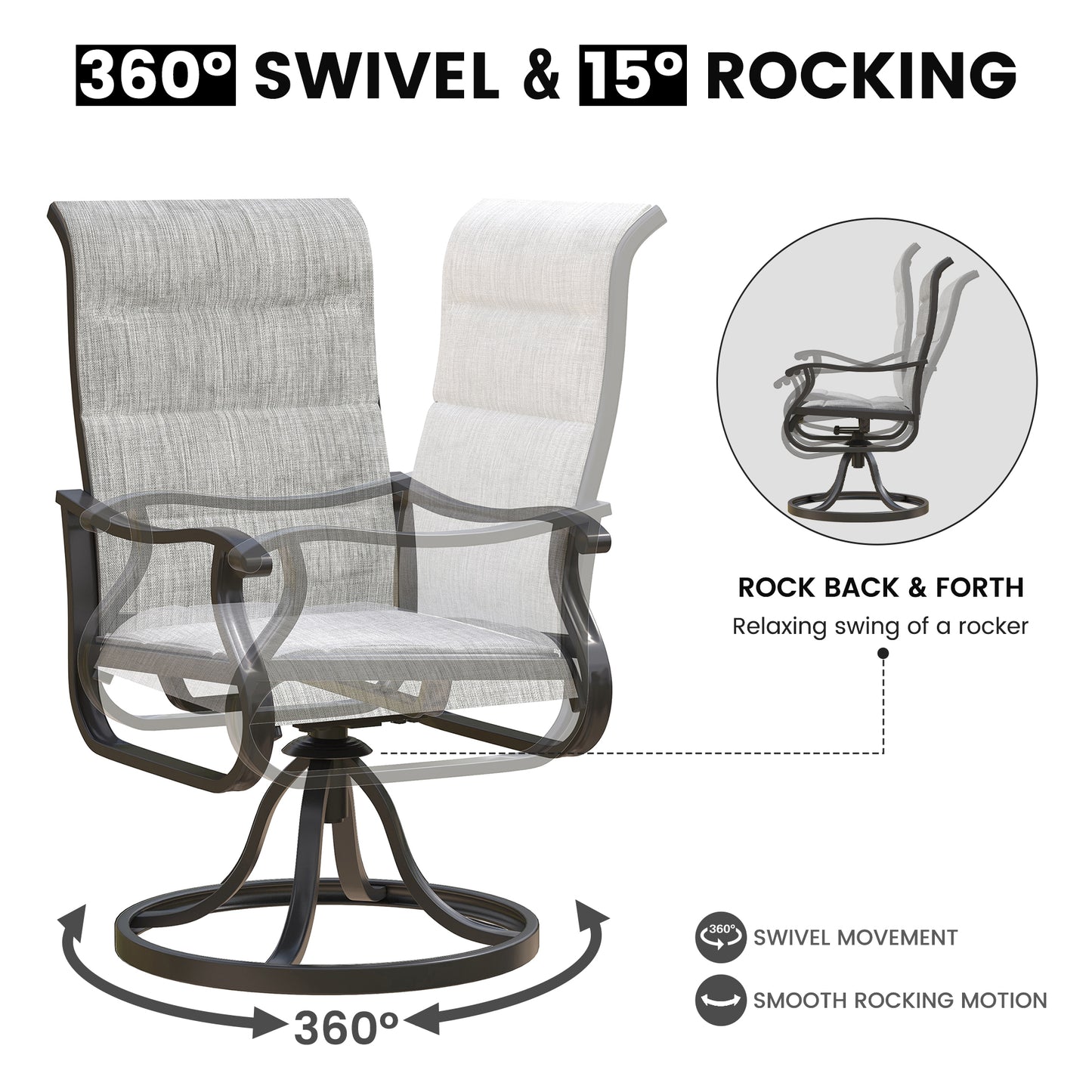 VONZOY Patio Swivel Chairs Set of 4, Outdoor Dining Chairs with High Back, All-weather Swivel Rocker Chair for Lawn, Porch or Garden (Padded Grey)