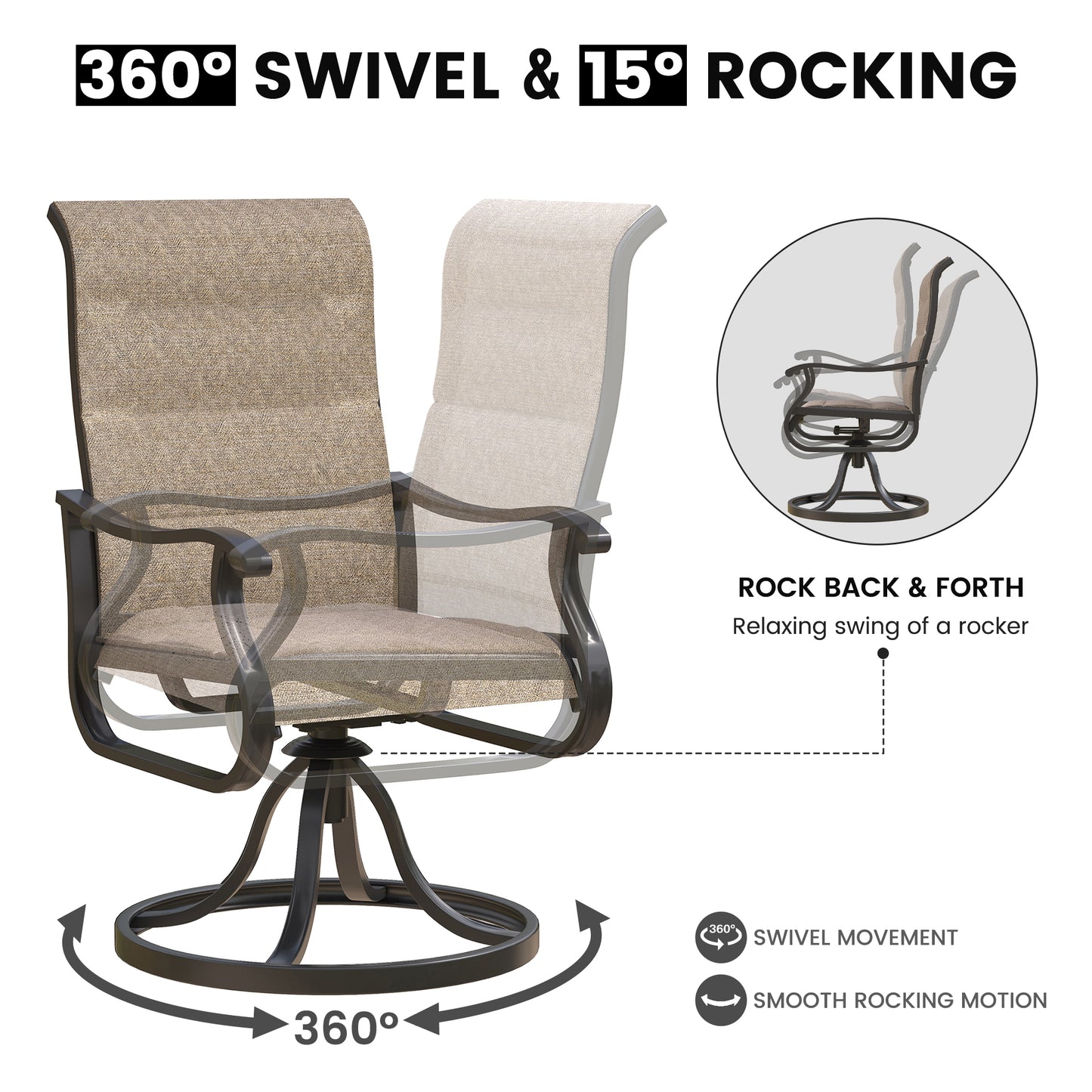 VONZOY Patio Swivel Chairs Set of 2, Outdoor Dining Chairs with High Back, All-weather Swivel Rocker Chair for Lawn, Porch or Garden (Padded Brown)