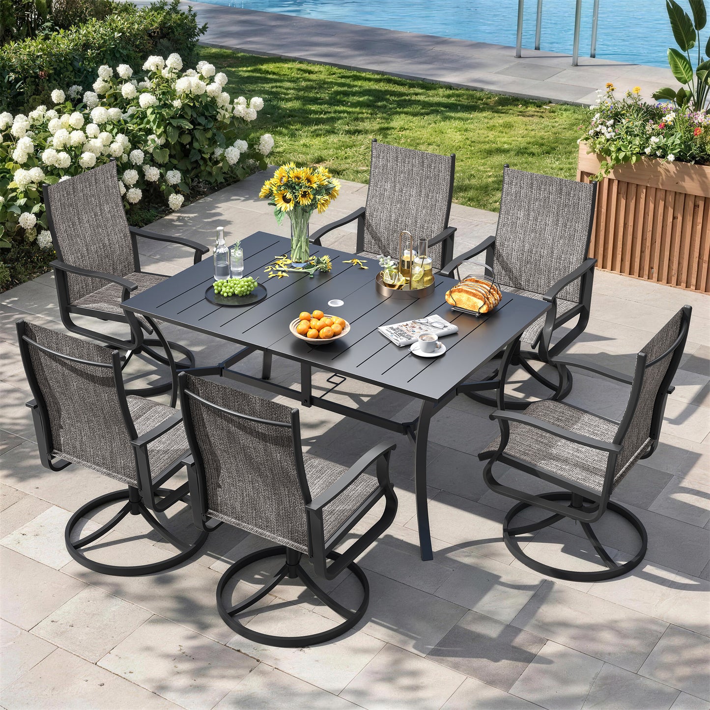 VONZOY 7 Pieces Patio Dining Set, Patio Outdoor Furniture Set of 6 Patio Swivel Dining Chairs and Patio Spliced Rectangular Tabletop with Umbrella Hole, for Deck, Backyard, Poolside & Garden