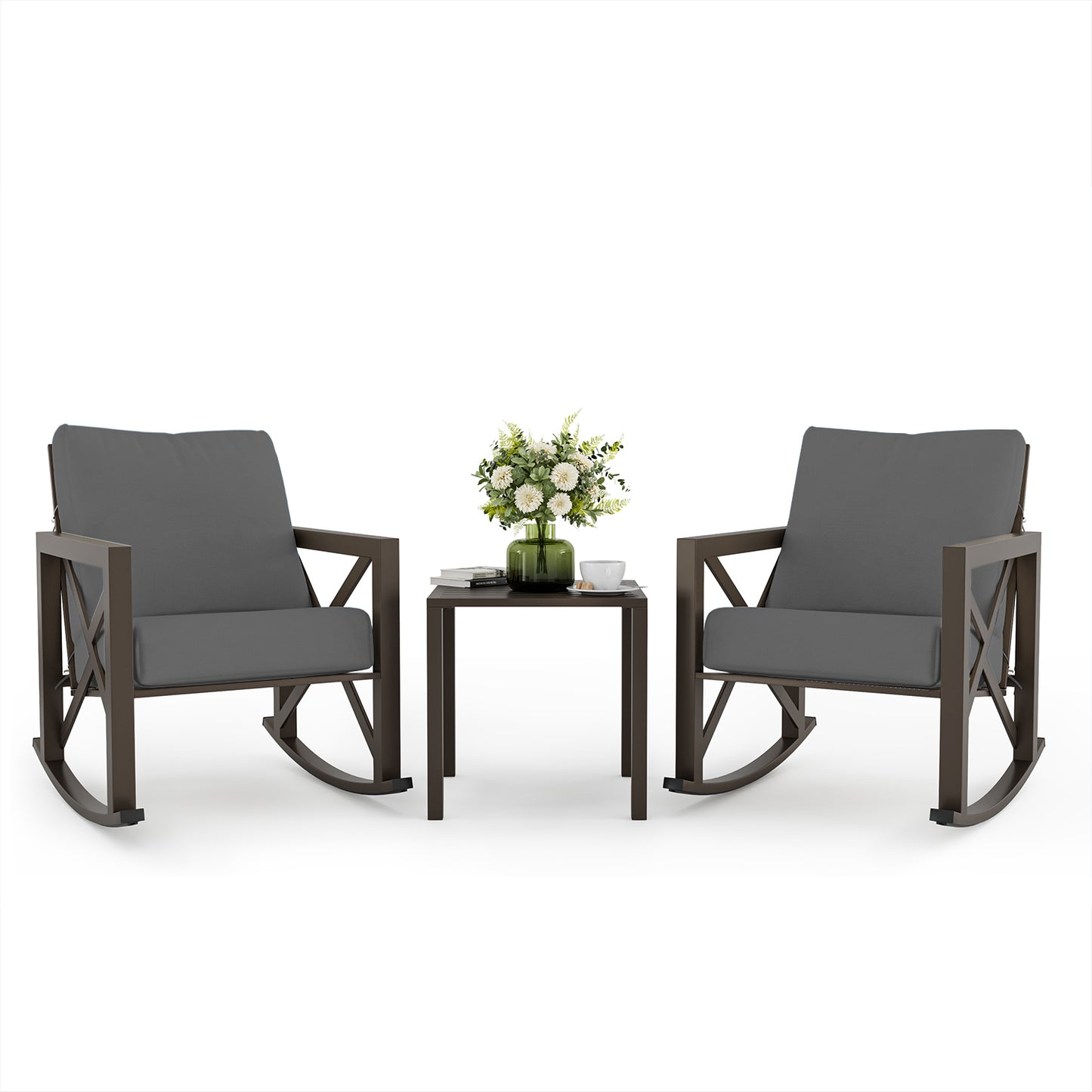 VONZOY Outdoor Rocking Bistro Set, Patio Rocking Chairs Set of 2 with Coffee Table, 3 Pieces Metal Conversation Sets with 6.5" Thick Cushions for Backyard, Porch, Poolside, Oversized (Gray)