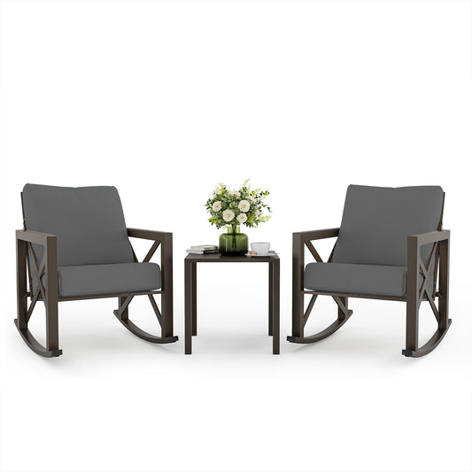 VONZOY Outdoor Rocking Bistro Set, Patio Rocking Chairs Set of 2 with Coffee Table, 3 Pieces Metal Conversation Sets with 6.5" Thick Cushions for Backyard, Porch, Poolside, Oversized (Gray)