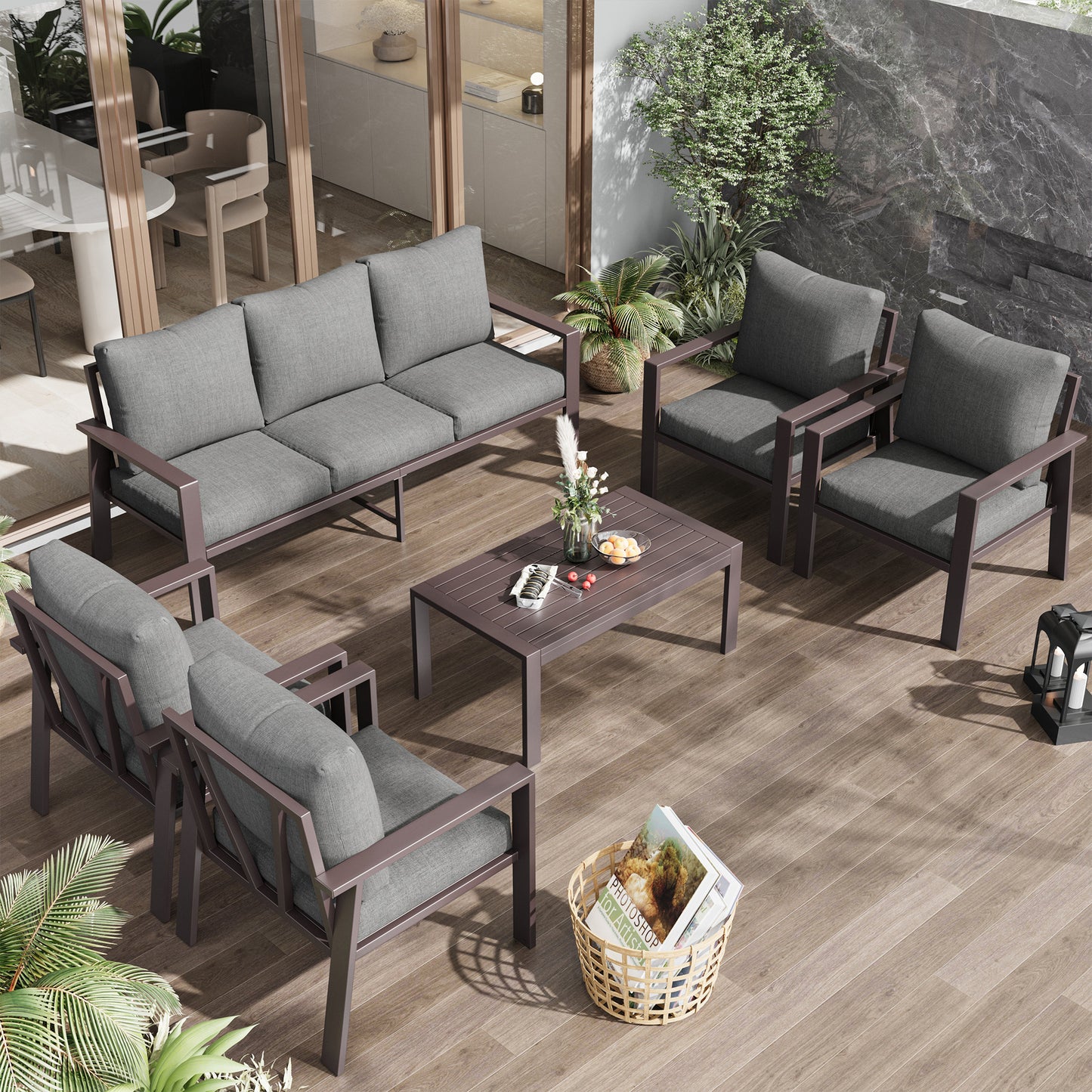 Aluminum Patio Conversation Set with Coffee Table Deck Outdoor Furniture All-Weather Rust-Proof 6-Piece Sectional Sofa Set with Removable Cushion for Backyard, Poolside & Small Spaces