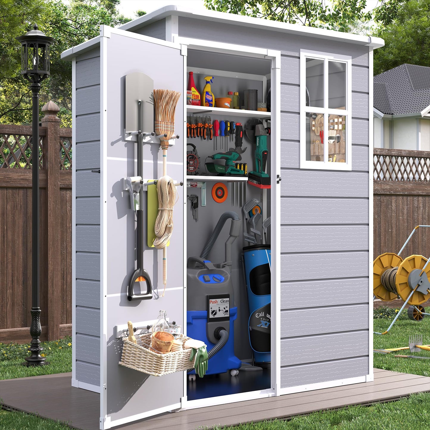VONZOY Resin Outdoor Storage Shed, 5x3FT Plastic Garden Shed with Floor, Lockable Door & Window, Waterproof Tool Shed for Backyard Garden Patio Lawn Grey White