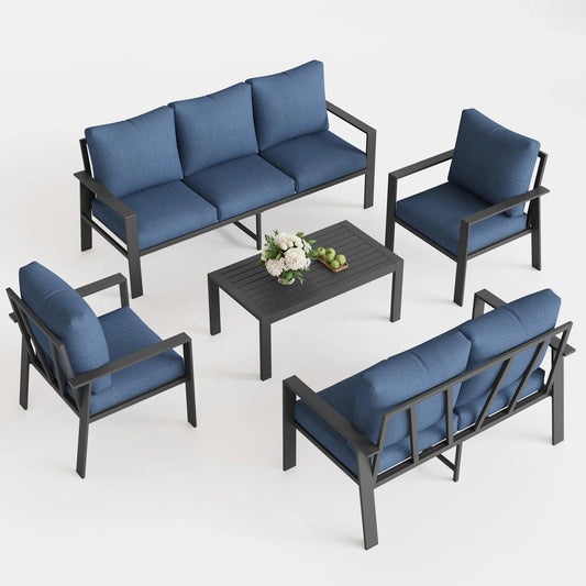 VONZOY 5 Pieces Aluminum Patio Furniture Set, Modern Patio Conversation Sets for Porch, Deck, Garden, 7-Seat Outdoor Metal Sofa Set with 4" Water-Resistant Cushion & Coffee Table,Navy