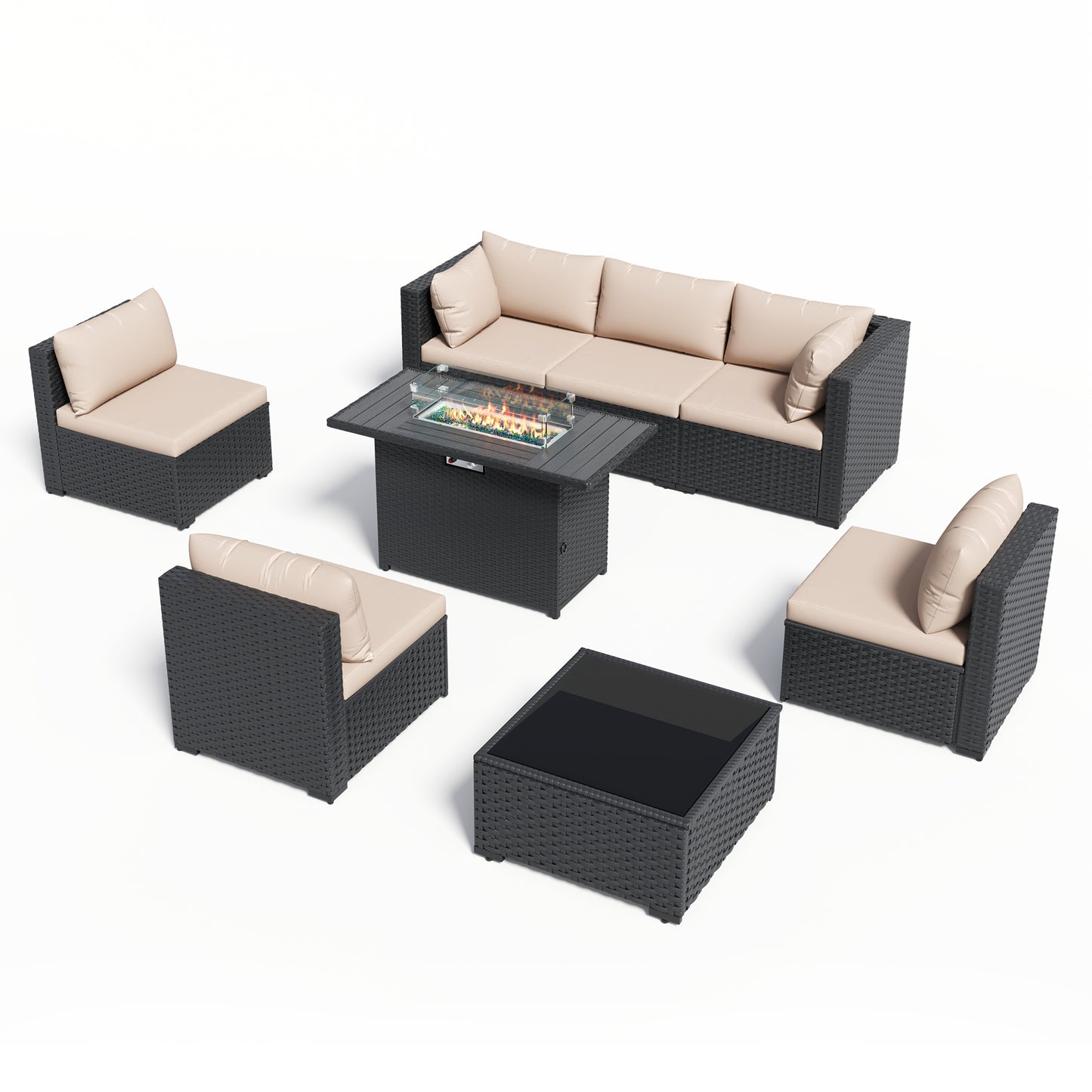 VONZOY 8 Piece Patio Furniture Set with 43" Fire Pit Table, Outdoor Sectional Wicker Rattan Sofa Set with Coffee Table (Beige/Black)