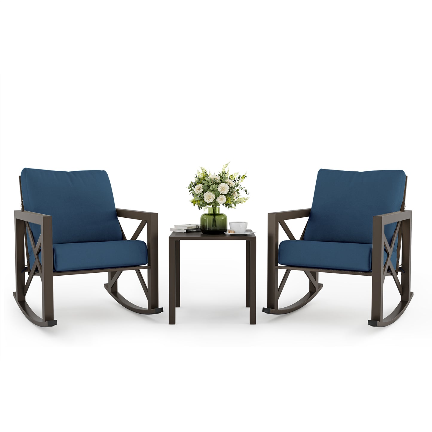 VONZOY Outdoor Rocking Bistro Set, Patio Rocking Chairs Set of 2 with Coffee Table, 3 Pieces Metal Conversation Sets with 6.5" Thick Cushions for Backyard, Porch, Poolside, Oversized (Blue)