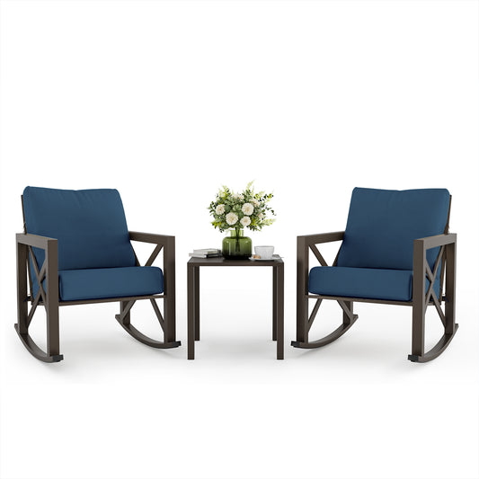 VONZOY Outdoor Rocking Bistro Set, Patio Rocking Chairs Set of 2 with Coffee Table, 3 Pieces Metal Conversation Sets with 6.5" Thick Cushions for Backyard, Porch, Poolside, Oversized (Blue)