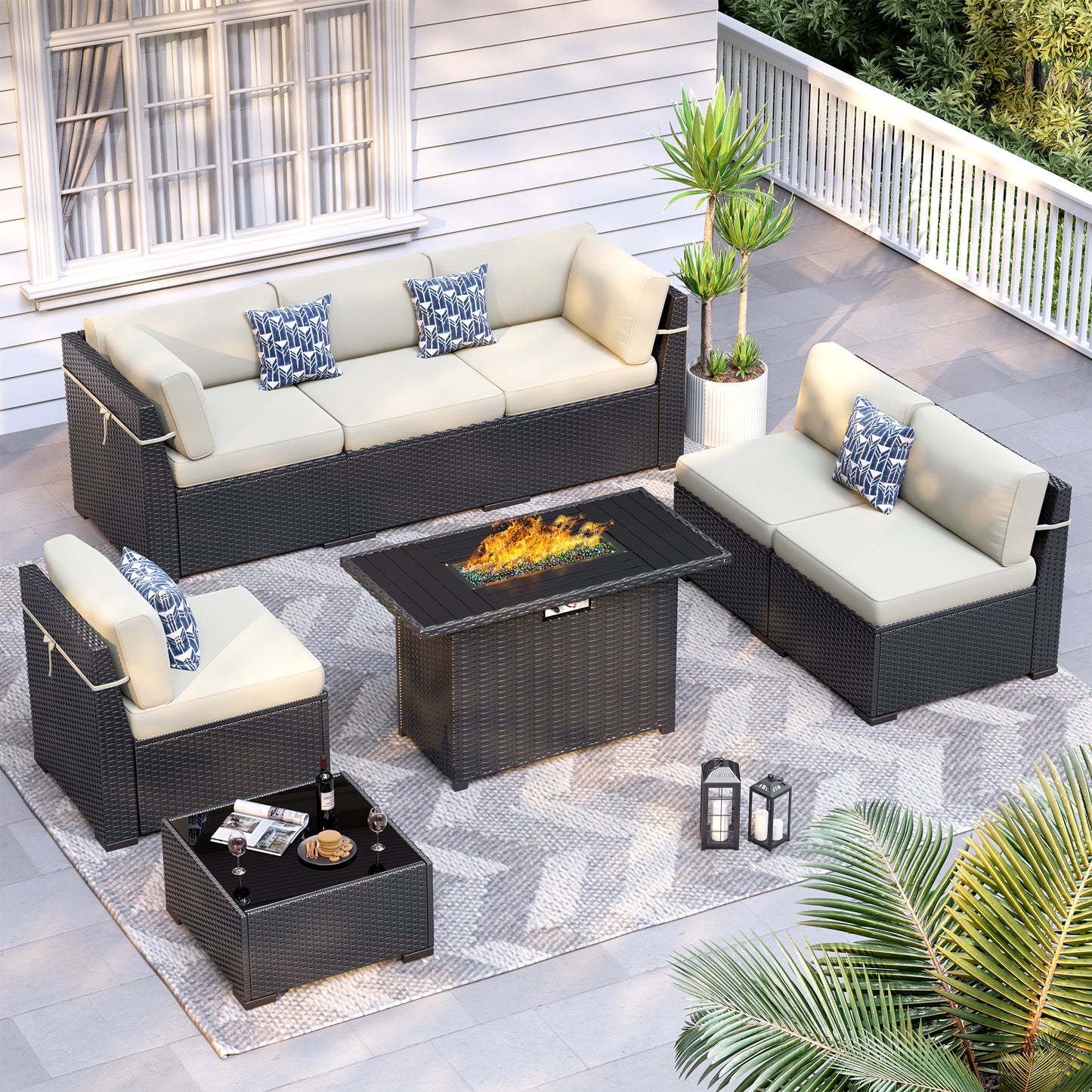 VONZOY Patio Furniture Sets, 7-Piece Outdoor Patio Furniture with Thick Cushions,Coffee Table Outdoor All-Weather Conversation Set Sectional Sofa for Backyard, Poolside, Garden(Khaki)