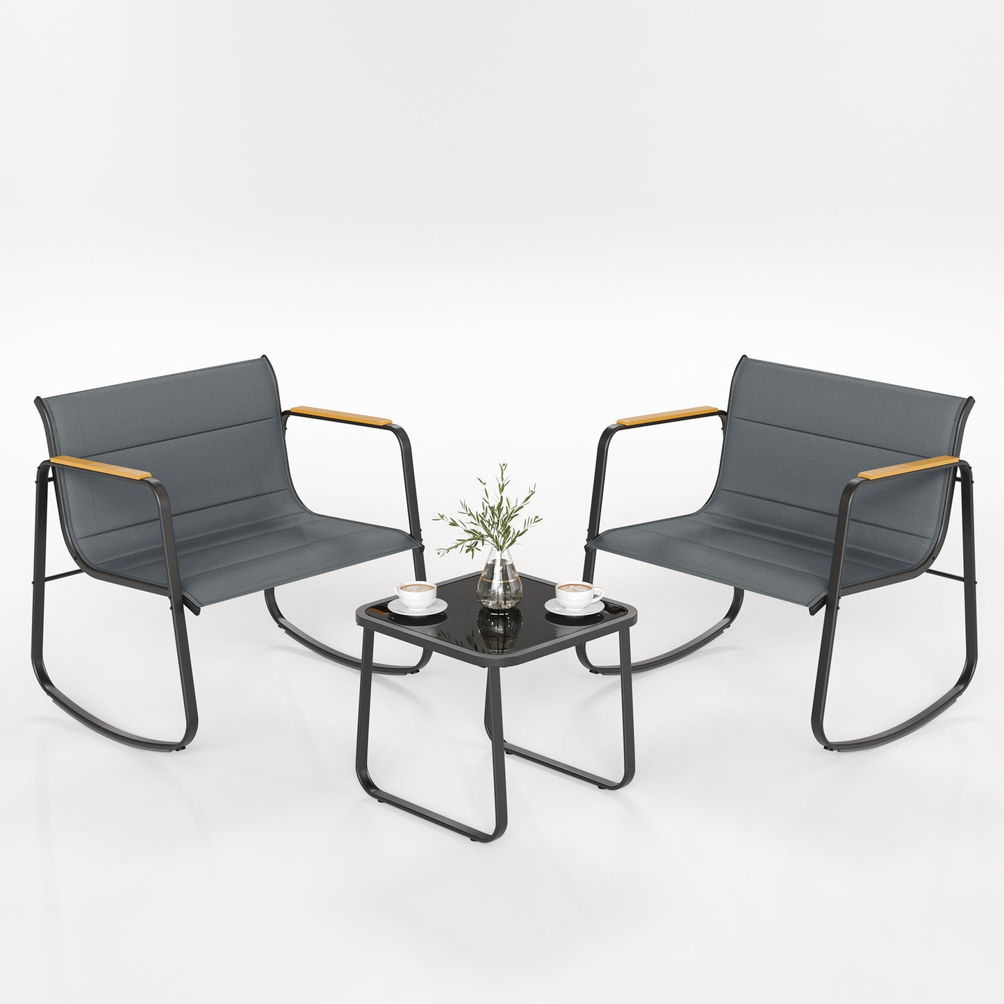 VONZOY 3 Piece Patio Rocking Bistro Set, Outdoor Furniture Sets with Rocker Chairs and Glass Coffee Table, Thick Padded Patio Bistro Sets for Front Porch, Front Porch，Backyard and Lawn (Grey)