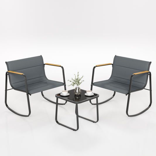 VONZOY 3 Piece Patio Rocking Bistro Set, Outdoor Furniture Sets with Rocker Chairs and Glass Coffee Table, Thick Padded Patio Bistro Sets for Front Porch, Front Porch，Backyard and Lawn (Grey)