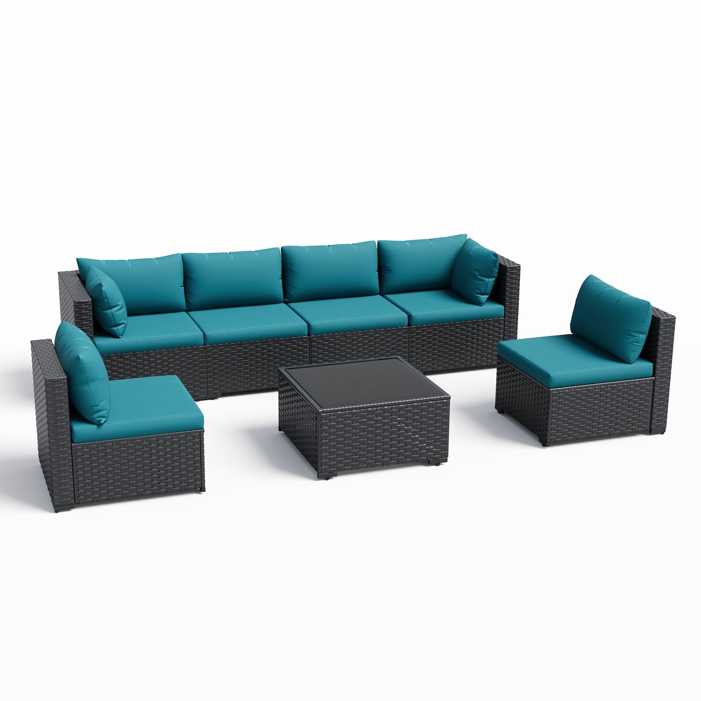 VONZOY Patio Furniture Set, 7-Piece Outdoor Sectional All-Weather Wicker Patio Conversation Set for Backyard, Garden, Peacock Blue