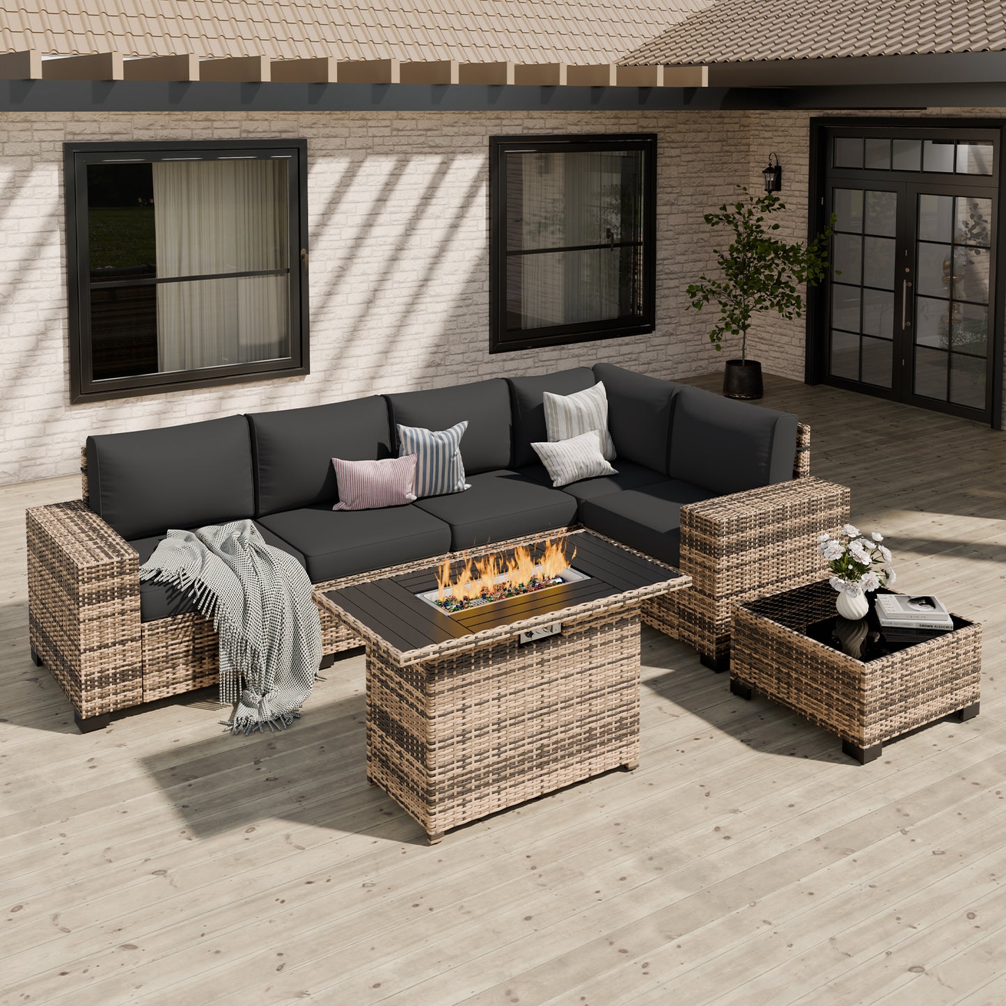 VONZOY Patio Furniture Set, Wide Armrest Outdoor Furniture Set with 44" Fire Pit Table Thick Cushions, 7 Piece Wicker Rattan Patio Sectional Sofa for Backyard, Poolside, Garden
