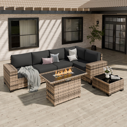 VONZOY Patio Furniture Set, Wide Armrest Outdoor Furniture Set with 44" Fire Pit Table Thick Cushions, 7 Piece Wicker Rattan Patio Sectional Sofa for Backyard, Poolside, Garden