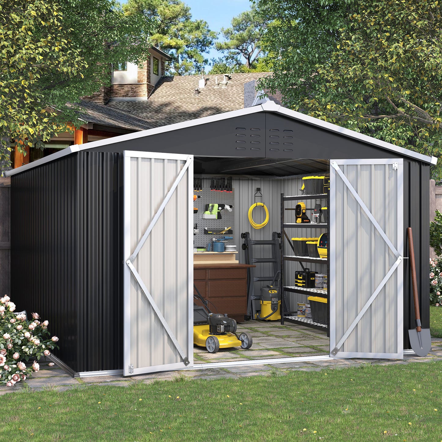 VONZOY 10x12 FT Outdoor Storage Shed, Metal Shed Garden Shed with Lockable Door for Bike, Garbage Can, Tool Shed for Backyard, Patio, Lawn(Grey)