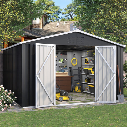 VONZOY 10x12 FT Outdoor Storage Shed, Metal Shed Garden Shed with Lockable Door for Bike, Garbage Can, Tool Shed for Backyard, Patio, Lawn(Grey)