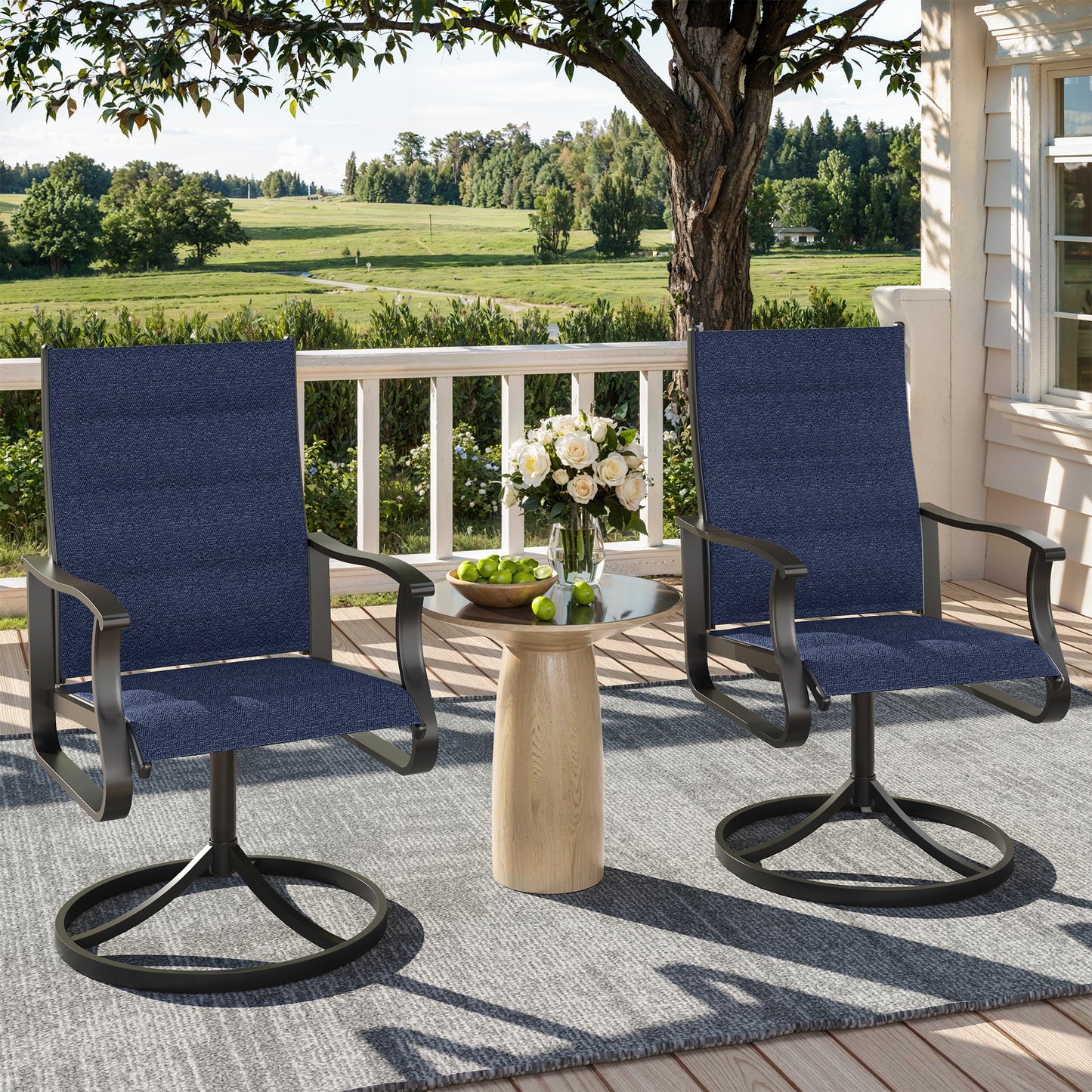 VONZOY Patio Swivel Chairs Set of 2, Outdoor Dining Chairs with High Back, 360° Swivel Rocker Chair in All-Weather Padded Textilene & Metal Frame for Garden, Porch, Backyard, Balcony(Padded Navy)