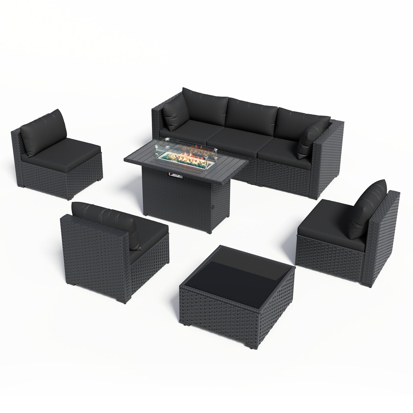 VONZOY 8 Piece Patio Furniture Set with 43" Fire Pit Table, Outdoor Sectional Wicker Rattan Sofa Set with Coffee Table (Black/Black)