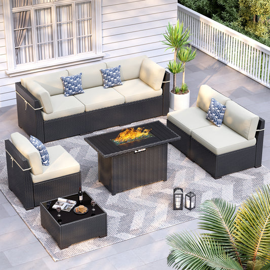 VONZOY 8-Piece Patio Furniture Set with 44” Fire Pit Table - All-Weather Wicker Conversation Sectional Sofa & Coffee Table with Thickened Cushions for Backyard, Garden(Beige)