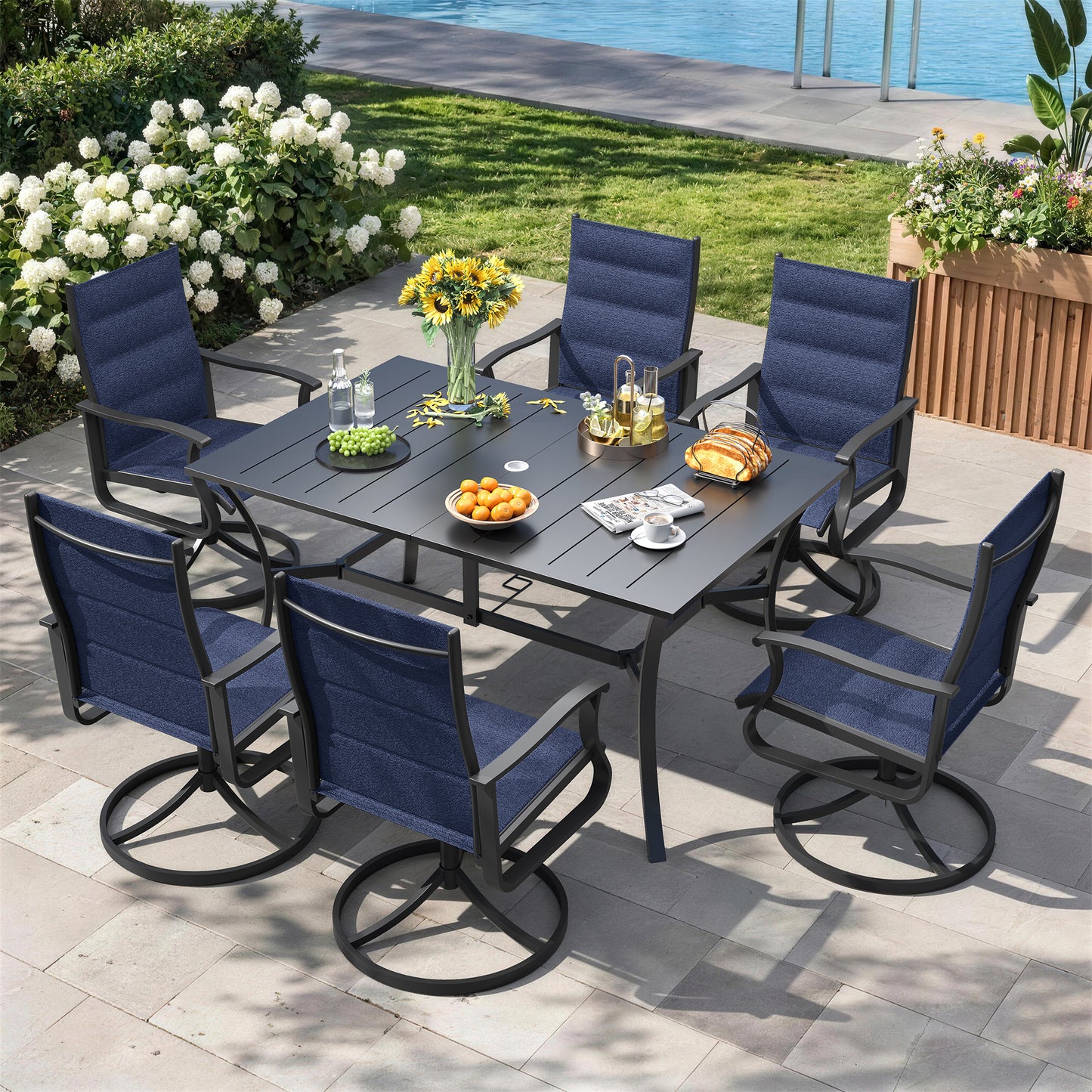 VONZOY 7 Pieces Patio Dining Set, Padded Patio Outdoor Furniture Set of 6 Patio Swivel Dining Chairs and Patio Spliced Rectangular Tabletop with Umbrella Hole, for Deck, Backyard, Poolside & Garden