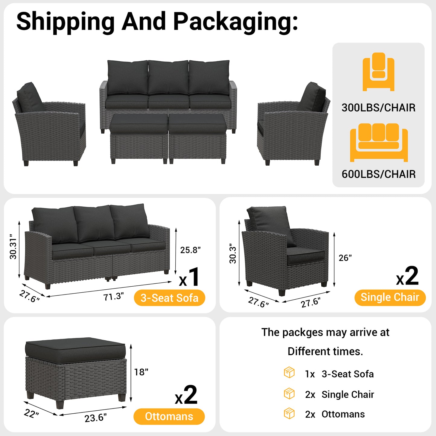 VONZOY Outdoor Furniture Set, 5 Pcs Wicker Patio Couch with Chairs, Ottomans and Thick Cushions, All Weather Wicker Rattan Patio Conversation Set.Black