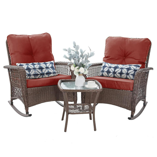 Patio Furniture Set 3 Pieces, Wicker Outdoor Rocking Bistro Set, Red